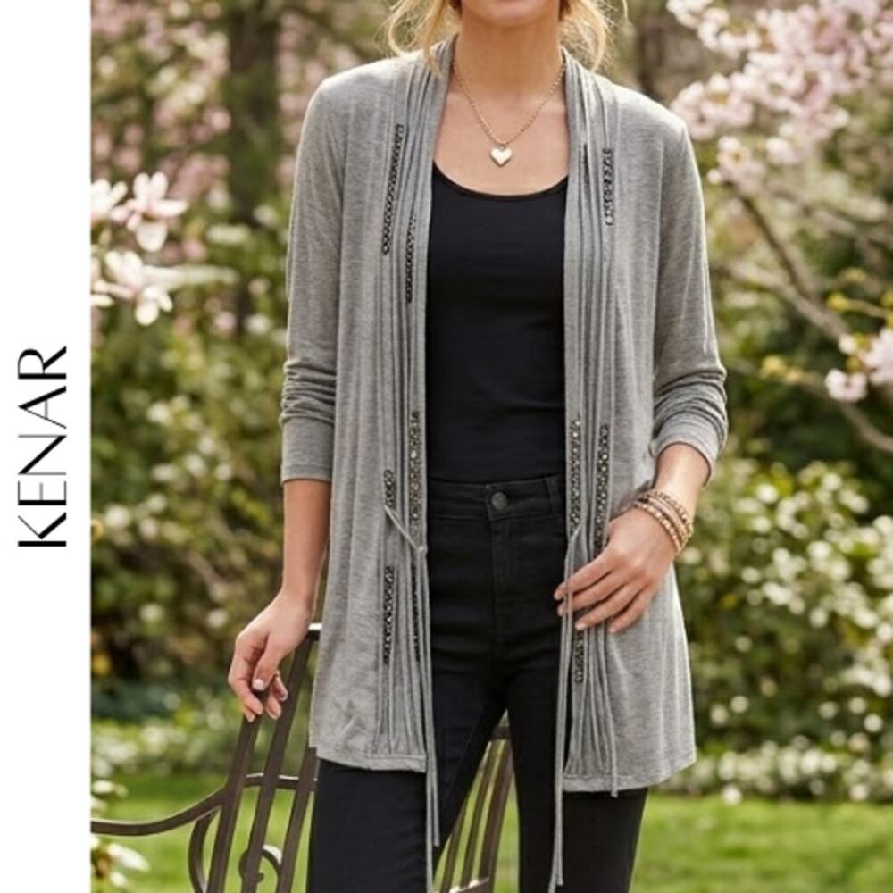 KENAR Gray Embellished Open Front Cardigan L Sequins Tassel Trim